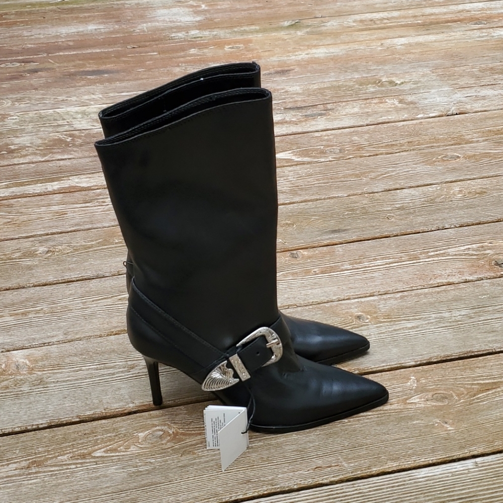 Zara leather high heel boots with cowboy strap with metal buckle detail - Picture 4 of 16